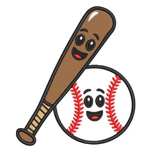 May include: A cartoon illustration of a baseball and bat with smiling faces. The baseball is white with red stitching and a black outline. The bat is brown with a black outline and a tan grip.