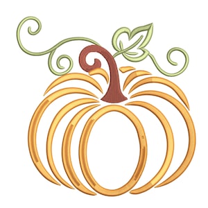 Puede incluir: Diseño de calabaza bordada con tallo y hoja. La calabaza es de color naranja cálido con costuras detalladas, y el tallo es marrón. La hoja y la vid son de color verde claro. Ideal para manualidades y decoraciones con temática otoñal.