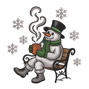 Peut inclure: Illustration d'un bonhomme de neige souriant, coiffé d'un chapeau haut de forme et d'une écharpe verte, assis sur un banc et tenant une tasse. Des flocons de neige tombent, créant une ambiance hivernale et chaleureuse.