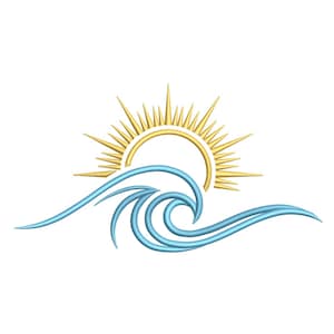 Puede incluir: Un diseño estilizado que presenta un sol dorado sobre una ola oceánica azul claro. El sol tiene rayos puntiagudos, y la ola se representa con líneas fluidas y una cresta ondulada. El diseño está sobre un fondo blanco.