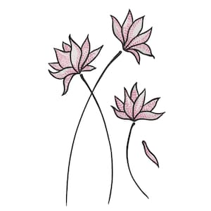 以下が含まれることがあります： 白い背景に、白いディテールと黒い茎を持つ3つのピンクの花が刺繍された花の模様。 1枚の花びらも確認できます。