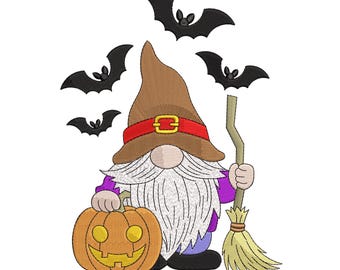 May include: A Halloween-themed embroidered design featuring a gnome holding a jack-o'-lantern and broom. The gnome wears a brown hat with a red belt, purple shirt, and blue pants. Black bats are flying above the gnome. The design is on a white background.