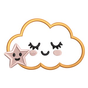 Könnte beinhalten: Gesticktes Design mit einem lächelnden Wolken-Gesicht mit geschlossenen Augen, rosigen Wangen und einem Stern. Die Wolke hat einen goldenen Umriss, und der Stern ist ein zartes Rosa. Geeignet für ein Baby- oder Kinderzimmer-Thema.