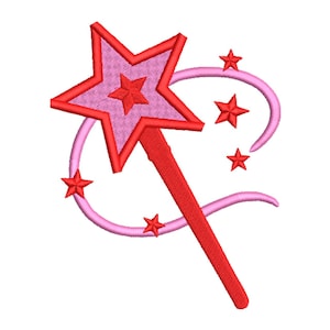May include: A red and pink embroidered design of a star-shaped magic wand with a star at the center. The wand has a red handle and is surrounded by pink swirls and small red stars. The design is on a white background.