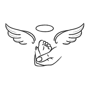 May include: A black and white line art embroidery design featuring a hand cradling a small infant foot. Above the foot is a halo, and extending from the sides are two feathered wings. The design uses simple, clean black outlines on a white background.