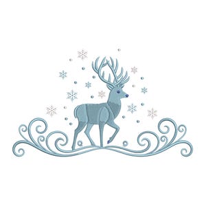 May include: A light blue embroidered design featuring a deer with large antlers, surrounded by snowflakes. The deer is walking on a decorative, swirling border. The design is on a white background.