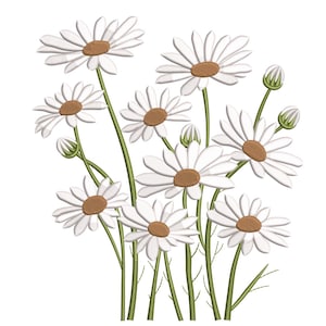 Pode incluir: Ilustração digital de um buquê de margaridas. As margaridas têm pétalas brancas e centros marrons. Os caules são verdes e há vários botões fechados. O fundo é branco.
