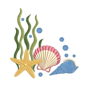 May include: An embroidered design featuring a yellow starfish, a pink and white seashell, and a blue conch shell. Green seaweed and blue bubbles complete the underwater scene, perfect for nautical-themed projects.