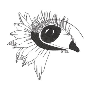 Könnte beinhalten: Ein schwarz-weißes Stickmuster, das ein stilisiertes Auge zeigt, bei dem die Iris durch eine Blütenblüte ersetzt wurde. Das Design enthält detaillierte Stiche für die Wimpern, die Pupille und die einzelnen Blütenblätter um das Auge herum.