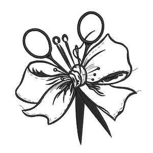 May include: Black and white embroidery design featuring a stylized bow with a central floral element and a pair of scissors. The design is detailed with delicate lines and shading, suggesting a sewing or craft theme.