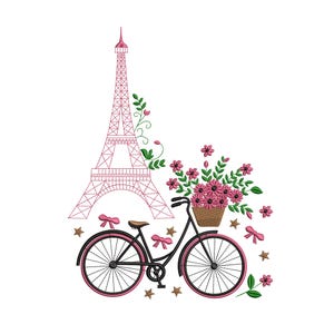 May include: An embroidered design featuring the Eiffel Tower in pink, a black bicycle with pink accents, and a basket filled with pink flowers. The design includes pink bows and gold stars, set against a white background.
