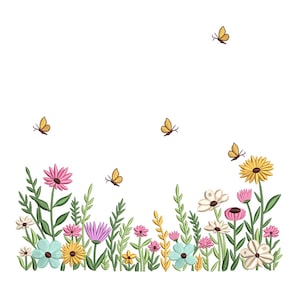 Puede incluir: Un diseño floral colorido con varias flores en tonos rosa, amarillo, azul y blanco, con hojas y tallos verdes. Varias pequeñas mariposas amarillas están dispersas sobre las flores, creando una escena caprichosa inspirada en la naturaleza.