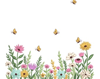 Può includere: Un colorato design floreale con vari fiori nei toni del rosa, giallo, blu e bianco, con foglie e steli verdi. Diverse piccole farfalle gialle sono sparse sopra i fiori, creando una scena stravagante ispirata alla natura.