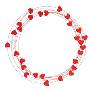 Puede incluir: Un diseño circular compuesto por múltiples hilos rojos, cada uno adornado con pequeños adornos en forma de corazón. Los corazones están espaciados uniformemente a lo largo de los hilos, creando un borde decorativo. El fondo es blanco liso.