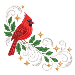 May include: Embroidered design featuring a vibrant red cardinal perched on a branch with green leaves and white scrollwork. Gold star accents add a festive touch. Ideal for holiday-themed crafts.