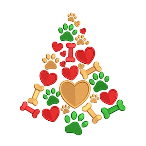 May include: An embroidered design in the shape of a Christmas tree, featuring red hearts, green paw prints, and tan dog bones. A large gold heart is at the centre. The design is on a white background.