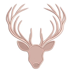 May include: A detailed, rose-gold embroidered deer head design. The antlers are prominent, arching gracefully outwards. The design features a textured, stitched appearance, perfect for crafting projects or home decor.