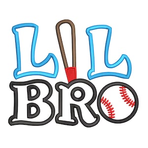May include: A baseball-themed design with the words "LIL BRO" in black and white, with blue outlines. A baseball bat and a baseball with red stitching are also included. The design is suitable for apparel and accessories.