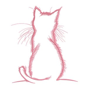 May include: A pink cat silhouette, viewed from the back, is depicted on a white background. The cat's outline is formed by a series of small, textured lines, giving it a soft, almost feathery appearance. The whiskers are also made of the same textured lines.