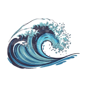 Può includere: Illustrazione dettagliata di una grande onda oceanica nei toni del blu e del bianco. L'onda è raffigurata con linee e trame intricate, creando un senso di movimento e profondità. Il design è su uno sfondo bianco.