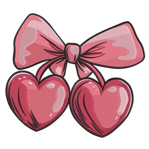 May include: A pink bow with two heart-shaped cherries. The bow is a light pink color with darker pink outlines. The cherries are a darker pink with a glossy finish and black outlines. The image is a digital illustration.