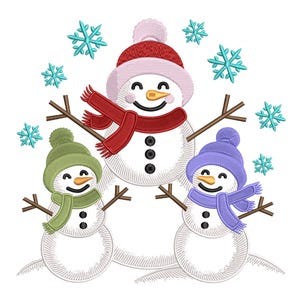 May include: An embroidered design featuring three snowmen with smiling faces, wearing hats and scarves in red, green, and purple. Brown stick arms and turquoise snowflakes complete the winter scene.