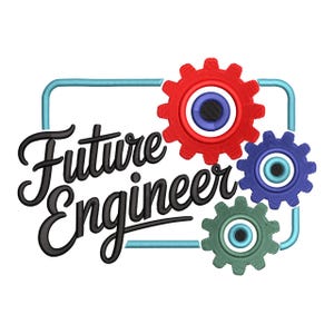 Könnte beinhalten: Auf weißem Hintergrund steht in schwarzer, kursiver Schrift der Schriftzug „Future Engineer“, umrahmt von einem hellblauen Rechteck. Drei bunte Zahnräder in Rot, Blau und Grün sind um den Text herum angeordnet, jedes mit einem zentralen augenartigen Design.