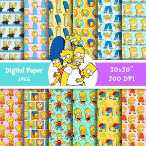 Puede incluir: Una colección de diseños de papel digital con personajes de una popular serie animada. Los patrones incluyen varios personajes y escenas, con una resolución de 76.2cm x 76.2cm y 300 DPI. La imagen también incluye el texto "Digital Paper" y "JPEG".