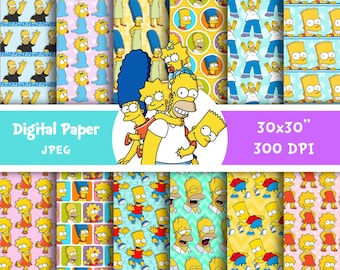 Pacote de papel digital com padrão dos Simpsons, papel de parede, plano de fundo, álbum de recortes, decoração de festa, aniversário