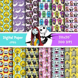 May include: Digital paper pack featuring various patterns with characters from The Nightmare Before Christmas. The patterns include Jack Skellington, Sally, and other characters in a variety of colors. The image also includes the text "Digital Paper JPEG" and "30x30" 300 DPI".