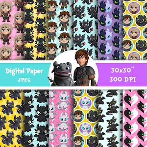 May include: A collection of digital paper sheets featuring cartoon characters and patterns. The designs include characters from the "How to Train Your Dragon" franchise, with the text "Digital Paper JPEG" and dimensions of 30x30 inches at 300 DPI.