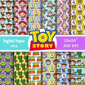 Puede incluir: Conjunto de papel digital con personajes de Toy Story en varios patrones. Incluye a Woody, Jessie, Forky, Buzz Lightyear, Bo Peep, Rex y Aliens. El diseño muestra el logo de Toy Story, Digital Paper, JPEG, 76,2x76,2 cm y 300 DPI.