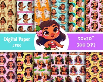 Könnte beinhalten: Digitales Papierpaket mit Mustern von Zeichentrickfiguren. Designs beinhalten ein Mädchen mit einer Blume, Surfen und tropische Themen. Der Text "Digital Paper JPEG" ist sichtbar. Die Bildabmessungen betragen 76,2x76,2 cm bei 300 DPI.