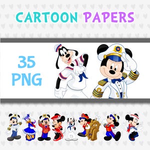 May include: A digital graphic featuring the text "CARTOON PAPERS" and "35 PNG". The image showcases various cartoon characters, including Mickey Mouse, Goofy, and others, all dressed in sailor or captain attire. The characters are in vibrant colors.