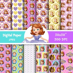 May include: Digital paper featuring various patterns with a princess theme. Designs include princess portraits, hearts, and character illustrations. The image includes the text "Digital Paper" and dimensions of 30x30 inches at 300 DPI.