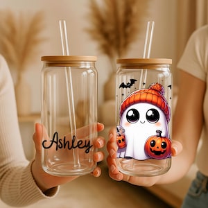 Personalized Halloween Ghost and Name Glass Cup,Spooky Season Iced Coffee Glass Cup,Gift for Halloween,Cute Ghost Coffee Cup,Halloween Gift