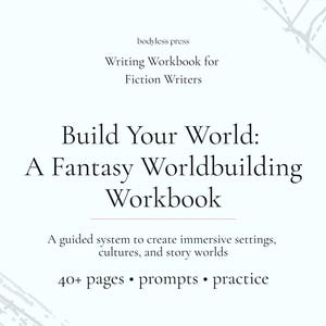Könnte beinhalten: Ein weißes Arbeitsbuch mit dem Titel "Build Your World: A Fantasy Worldbuilding Workbook" von bodyless press. Es ist ein Schreib-Arbeitsbuch für Fiction-Autoren mit Übungen zur Weltenerschaffung.