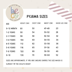 May include: A size chart for children's pajamas, with measurements in centimeters. The chart includes age ranges from 9-12 months to 9-10 years, with corresponding height, chest, waist, and inside leg measurements. The text "PYJAMA SIZES" is at the top.