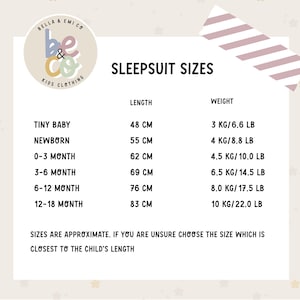 May include: A cream-colored chart with sleepsuit sizes for babies and toddlers. The chart includes length in centimeters and weight in kilograms and pounds for sizes ranging from tiny baby to 12-18 months. The Bella & Emi Co. logo is in the upper left corner.
