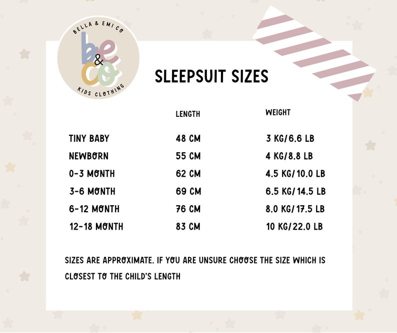 May include: A cream-colored chart with sleepsuit sizes for babies and toddlers. The chart includes length in centimeters and weight in kilograms and pounds for sizes ranging from tiny baby to 12-18 months. The Bella & Emi Co. logo is in the upper left corner.