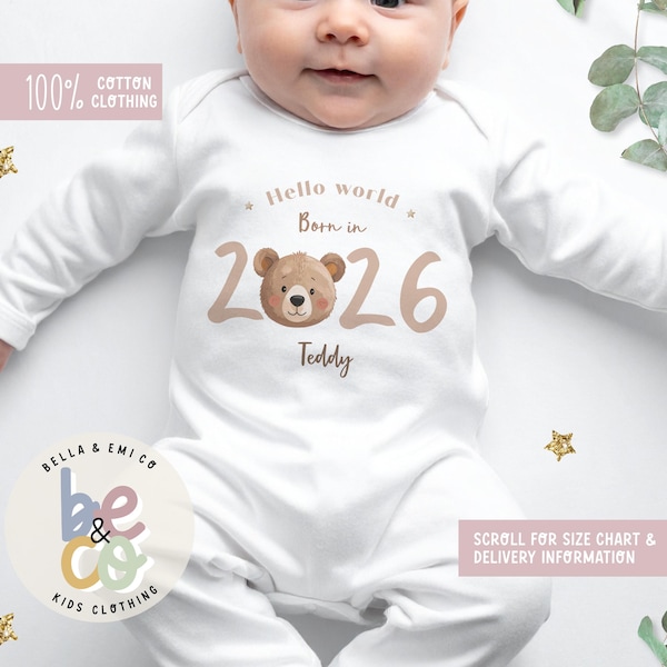 Personalized Bear Baby Grow - Born in 2026 - Newborn Gift