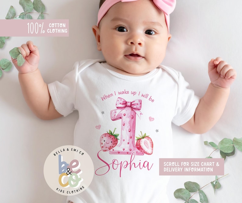 May include: A white cotton baby onesie with a pink strawberry-themed design for a first birthday. The design includes a large number 1, strawberries, and the name "Sophia". Text on the onesie reads "When I wake up I will be".