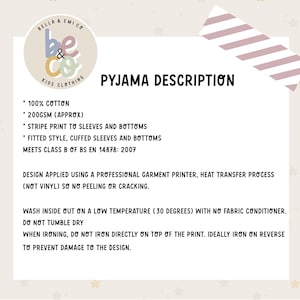 May include: A cream-colored informational graphic with the text "PYJAMA DESCRIPTION." Details include 100% cotton, stripe print, fitted style, and washing instructions. The Bella & Emi Co. Kids Clothing logo is in the upper left corner.