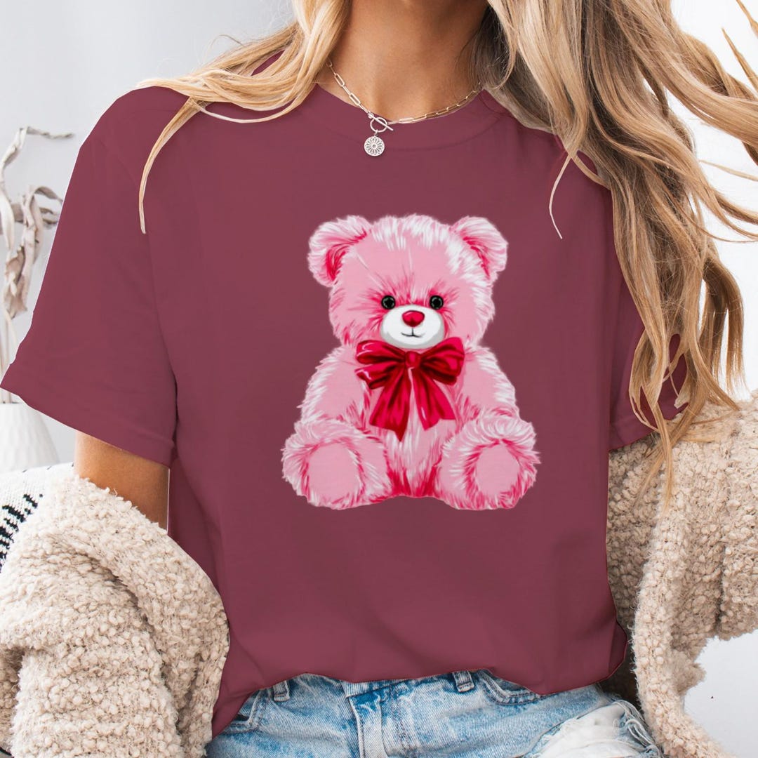 Valentine Pink Teddy Bear T-shirt, Plush Toy Art, Garment-dyed Cotton ...