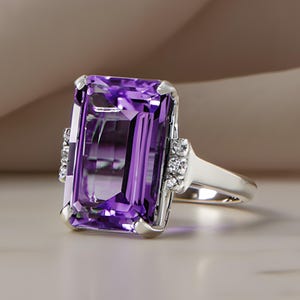 Può includere: Un anello d'argento con una grande ametista rettangolare viola intenso. L'anello presenta piccole pietre di accento su entrambi i lati della pietra principale. L'incastonatura è argentata e l'anello è esposto su una superficie chiara.