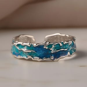 Ocean Wave Ring, texturierte Blau Emaille Band, verstellbare Kupfer Schmuck