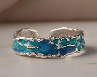 Anello a onda oceanica, fascia in smalto blu testurizzato, gioiello regolabile in rame