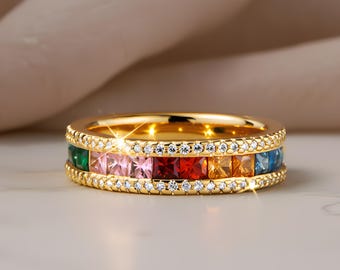 Anillo de banda de eternidad arcoíris, joyería llamativa y colorida