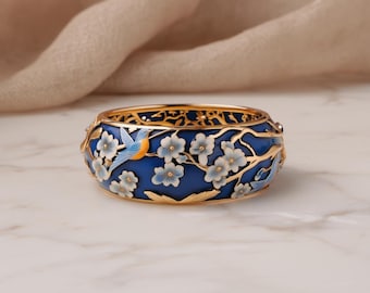 Enamel Bird Ring, Blue Floral Branch Jewelry