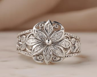 Vintage filigraan bloemenring van chirurgisch staal, ingewikkeld zilveren bloemenbandje